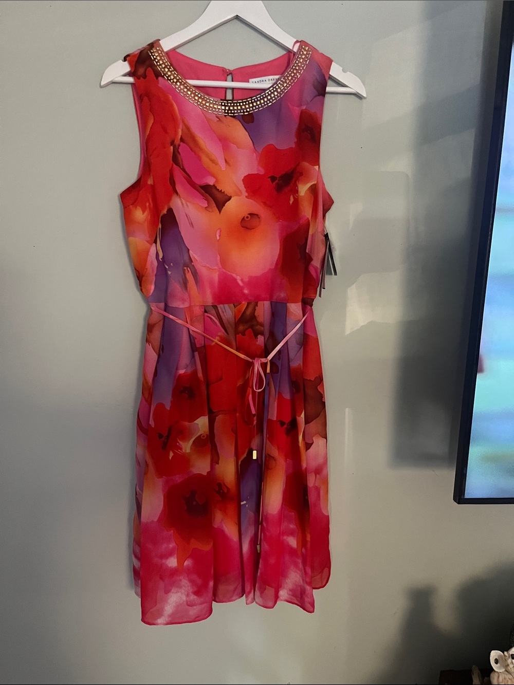 Sandra Darren Pink Red Floral Midi Dress with Embellished Neckline